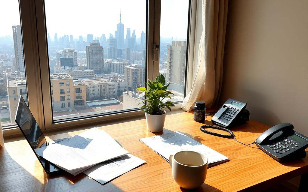 A Cozy, Sun-Lit Home Office With An Open Laptop, A Stack Of Documents, And A Telephone On The Desk. In The Foreground, A Potted Plant And A Mug Of Coffee Add A Touch Of Warmth. Through The Window, A View Of A Bustling City Skyline With Skyscrapers And Residential Buildings. The Scene Conveys A Sense Of Contemplation And Problem-Solving, As The Occupant Explores Alternatives To Breaking Their Apartment Lease.