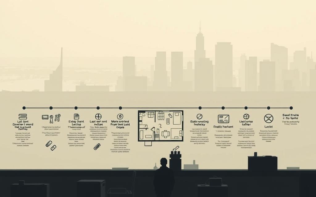 A Detailed Timeline Of The Eviction Process Unfolds Against A Muted Tonal Backdrop. In The Foreground, A Series Of Icons And Illustrations Depict The Key Stages - From Late Rent Notices To The Final Lockout. The Middle Ground Features A Minimalist Floor Plan, With Rooms And Furniture Outlined In Thin Lines. In The Background, A Washed-Out Cityscape Suggests The Urban Setting, With Subdued Lighting Casting Long Shadows. The Overall Mood Is One Of Apprehension And Uncertainty, Conveying The Stressful Experience Of The Eviction Process.