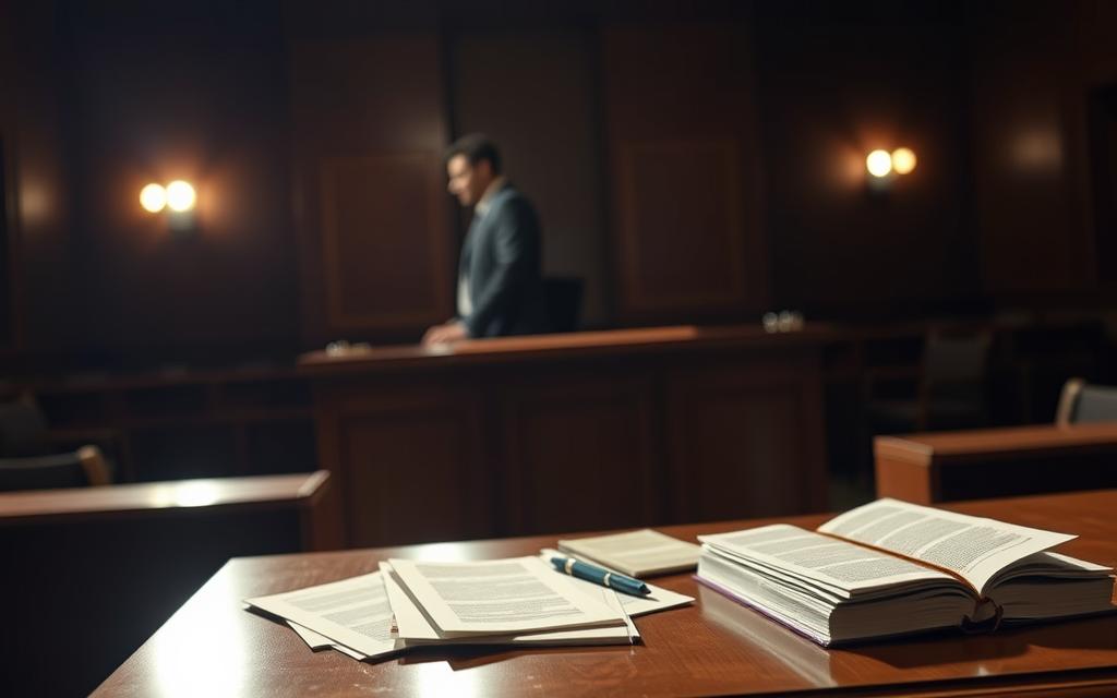 A Dimly Lit Courtroom Setting, With A Focal Point On A Wooden Podium And Two Figures Standing Behind It. The Lighting Is Dramatic, Casting Shadows And Creating A Sense Of Tension. In The Foreground, Law Books And Documents Are Scattered On The Podium, Hinting At The Legal Strategies And Options Available. The Background Is Blurred, But Suggests The Presence Of A Judge's Bench And Rows Of Spectators. The Overall Mood Is One Of Seriousness And Importance, Reflecting The Gravity Of A Domestic Battery Case And The Need For A Robust Legal Defense.