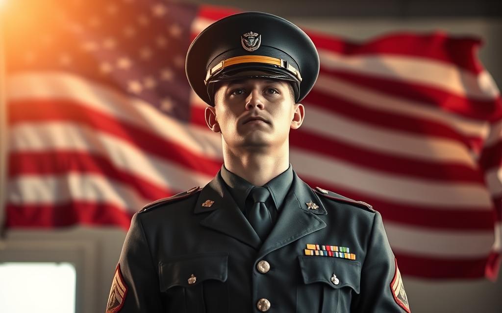 A Military Service Member Standing At Attention, Dressed In Formal Uniform, Their Face Stern And Resolute. In The Background, An American Flag Waves Proudly, Symbolizing The Patriotism And Dedication They Embody. The Lighting Is Warm And Soft, Casting A Heroic Glow On The Scene. The Composition Is Balanced, With The Service Member Positioned Slightly Off-Center, Conveying A Sense Of Determination And Unwavering Commitment To Their Duty. The Overall Mood Is One Of Respect, Honor, And The Legal Protections That Safeguard The Rights Of Those Who Serve.