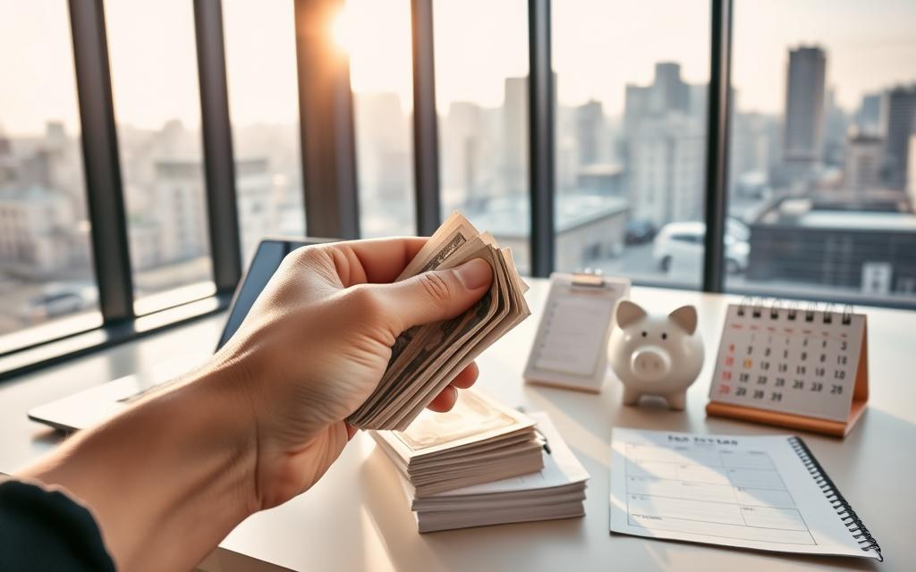 A Modern Office Interior With A Stylish Desk, A Laptop, A Calendar, And A Piggy Bank. The Room Is Well-Lit By Natural Light Streaming Through Large Windows, Casting A Warm Glow On The Scene. In The Foreground, A Person's Hand Is Reaching For A Stack Of Bills, Conveying The Act Of Timely Rent Payment. The Middle Ground Features An Organized Workspace With A To-Do List And A Digital Calendar, Hinting At The Importance Of Planning And Organization For Financial Management. The Background Showcases A Serene City Skyline, Suggesting A Sense Of Financial Stability And Responsibility. The Overall Mood Is One Of Professionalism, Efficiency, And Financial Discipline.