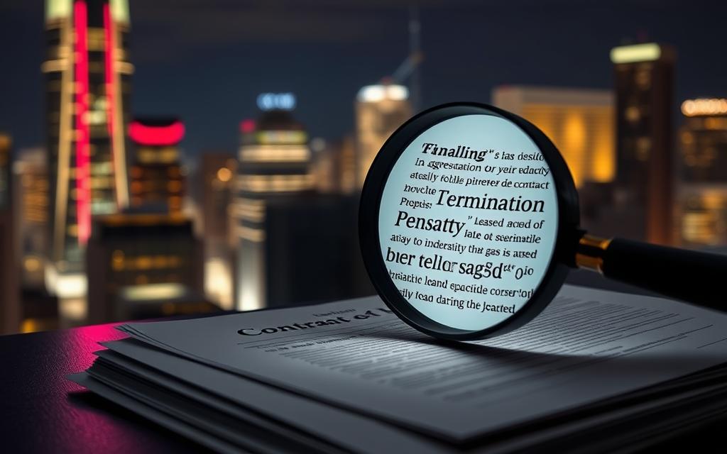 A Neon-Lit Cityscape At Night, With A Towering Skyscraper In The Background. In The Foreground, A Magnifying Glass Hovers Over A Stack Of Legal Documents, Casting An Ominous Glow. Intricate Contract Details Emerge From The Shadows, Highlighting The Fine Print Of An &Quot;Early Termination Penalty&Quot; Clause. The Scene Conveys A Sense Of Unease And Financial Entanglement, As The Viewer Is Drawn Into The Complexities Of Navigating A Challenging Lease Agreement.