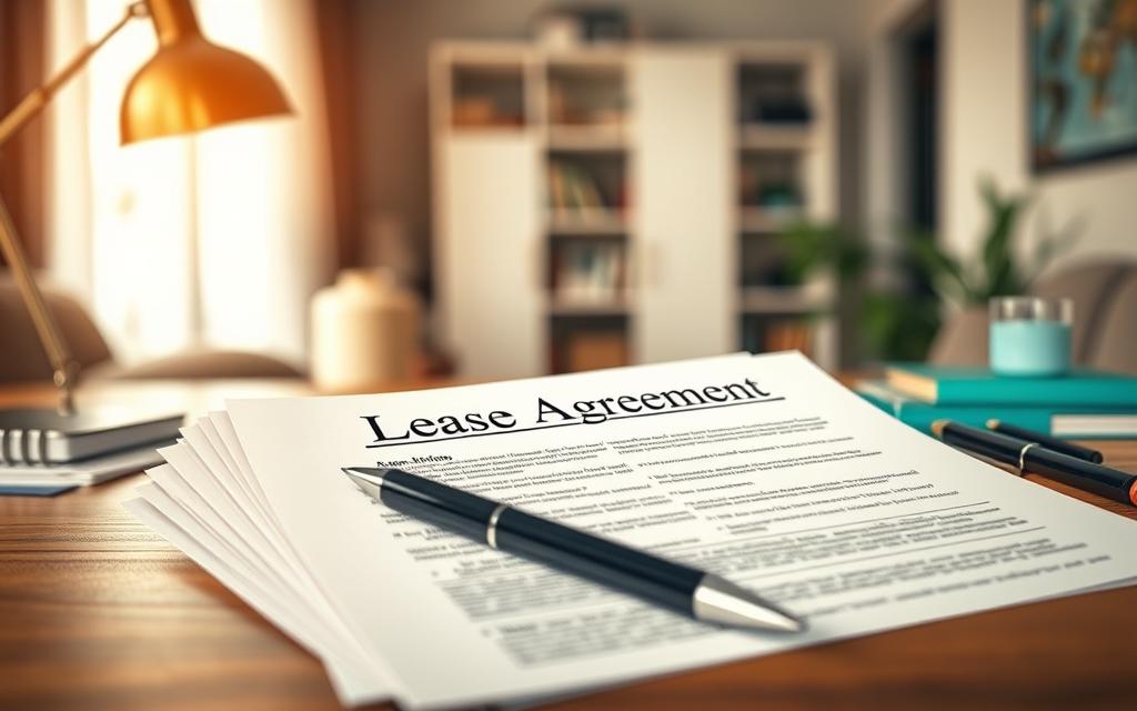A Stack Of Legal Documents With A Prominent &Quot;Lease Agreement&Quot; Header, Displayed On A Wooden Desk With A Pen, Reading Lamp, And Office Supplies In The Foreground. The Documents Feature Finely Detailed Text And Clauses, Capturing The Legal And Contractual Nature Of The Subject. The Middle Ground Showcases A Blurred, Out-Of-Focus Background Of An Apartment Interior, Hinting At The Residential Context. The Lighting Is Warm And Professional, Creating A Sense Of Seriousness And Importance. The Overall Atmosphere Conveys The Significance Of Understanding The Terms And Conditions Of A Lease Agreement.