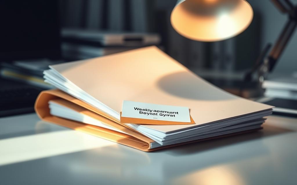 A Well-Organized Office Desk With Crisp, Clean Documentation Neatly Stacked In A Manila Folder, Casting Soft Shadows Under The Warm Glow Of A Desk Lamp. The Folder'S Label Clearly Displays The Text &Quot;Weekly Benefit Amount&Quot;, Reflecting The Informational Nature Of The Content. The Desk'S Surface Is Minimalist, Allowing The Folder To Be The Focal Point, Conveying A Sense Of Professionalism And Attention To Detail. The Background Is Blurred, Keeping The Viewer'S Focus On The Essential Documentation, As If Highlighting A Key Section In An Employment Guide.