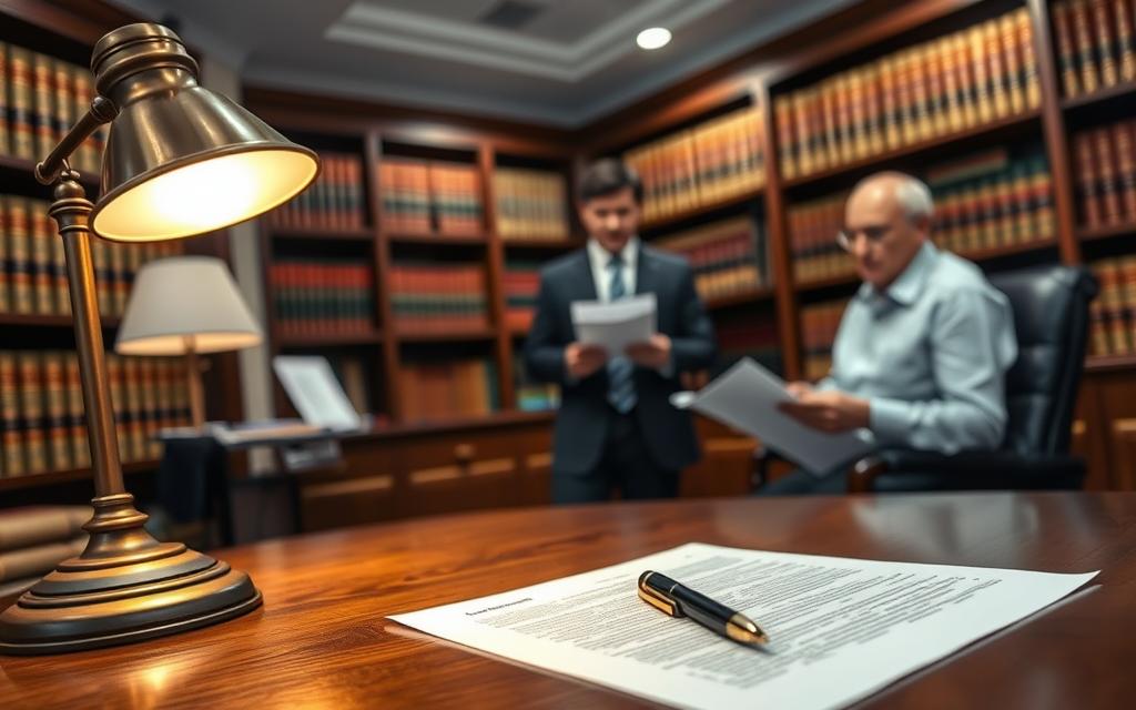 An Interior Scene Of A Law Office, Showcasing The Process Of Transferring Property Via A Quitclaim Deed. In The Foreground, A Wooden Desk With A Legal Document And A Pen, Casting A Warm Glow Under A Desk Lamp. The Middle Ground Features Two Individuals, One Explaining The Quitclaim Deed Details While The Other Reviews The Paperwork. In The Background, Bookshelves Filled With Legal Tomes Line The Walls, Creating A Sense Of Authority And Expertise. The Lighting Is Soft And Diffused, Conveying A Professional, Yet Approachable Atmosphere. The Overall Composition Emphasizes The Step-By-Step Legal Procedures Involved In A Property Transfer Using A Quitclaim Deed.