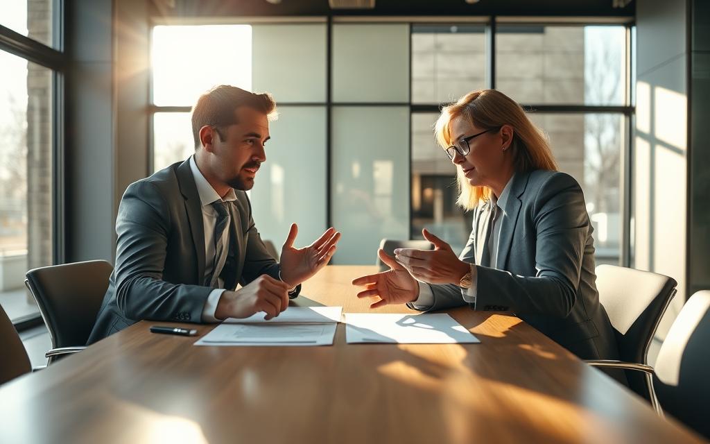 Two Business People Negotiating A Mutual Lease Termination Agreement At A Modern Office Table. The Scene Is Lit By Warm, Natural Light Streaming In Through Large Windows, Casting Soft Shadows. The Individuals Are Engaged In An Earnest Discussion, Gesturing With Their Hands As They Review Contract Documents. The Atmosphere Conveys A Sense Of Cooperation And Compromise As They Work To Find A Mutually Beneficial Solution. The Camera Angle Captures A Wide, Three-Quarter View, Allowing The Viewer To Observe The Negotiation Dynamics. The Overall Composition Emphasizes The Collaborative Nature Of The Mutual Termination Process.