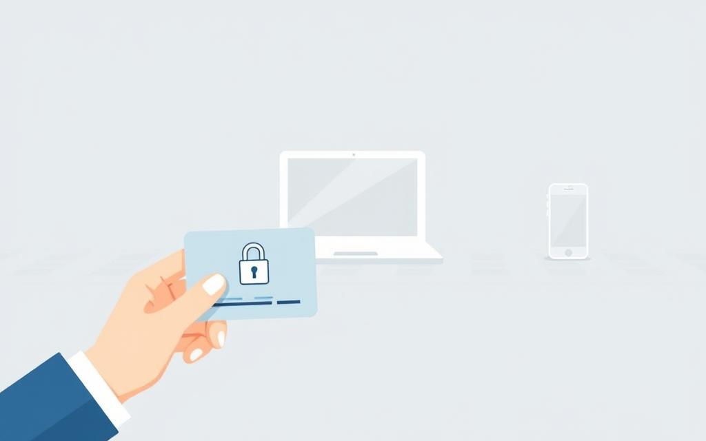 A Clean, Minimalist Illustration Showcasing The Key Steps To Initiate A Credit Freeze. In The Foreground, A Person'S Hand Holds A Credit Card, With A Padlock Icon Indicating The Freezing Process. The Middle Ground Features A Laptop And Smartphone, Symbolizing The Online And Mobile Access Needed To Manage The Freeze. The Background Depicts A Subtle Grid Or Matrix Pattern, Conveying The Secure, Data-Driven Nature Of The Task. The Lighting Is Soft And Diffused, Creating A Sense Of Clarity And Confidence. The Overall Mood Is One Of Control And Proactivity In Safeguarding Personal Information.