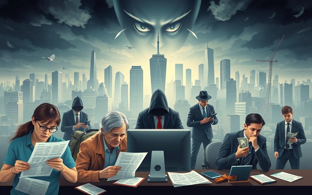 A Detailed Illustration Of Various Forms Of Financial Fraud Cases, Including Identity Theft, Credit Card Fraud, Insurance Fraud, And Investment Scams. The Foreground Depicts Victims Affected By These Crimes - A Concerned Individual Reviewing Their Credit Report, A Senior Citizen Confused By Complex Financial Documents, And A Young Professional Worried About Their Online Accounts. The Middle Ground Showcases The Perpetrators Of These Schemes - A Hacker At A Computer, A Con Artist In A Suit, And Shady Figures Exchanging Money. The Background Features A Cityscape With A Looming Sense Of Unease, Hinting At The Widespread Nature Of These Crimes. The Lighting Is Dramatic, Casting Shadows And Creating A Sense Of Tension. The Composition Uses A Wide-Angle Lens To Capture The Scope Of The Issue, With A Documentary-Style Realism.