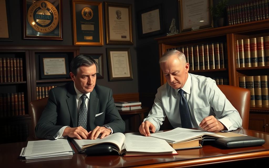 A Dimly Lit Office, The Walls Adorned With Prestigious Awards And Diplomas. In The Foreground, Two Contingency Fee Lawyers, Their Expressions Serious And Determined, Are Engaged In An Intense Discussion Over Case Files Spread Out On A Mahogany Desk. The Lighting Casts Dramatic Shadows, Emphasizing The Gravity Of Their Work. In The Background, Bookshelves Filled With Legal Tomes Suggest The Depth Of Their Expertise. The Atmosphere Conveys A Sense Of Professionalism And The Unwavering Commitment To Securing Justice For Their Clients, Even The Most Challenging Cases.