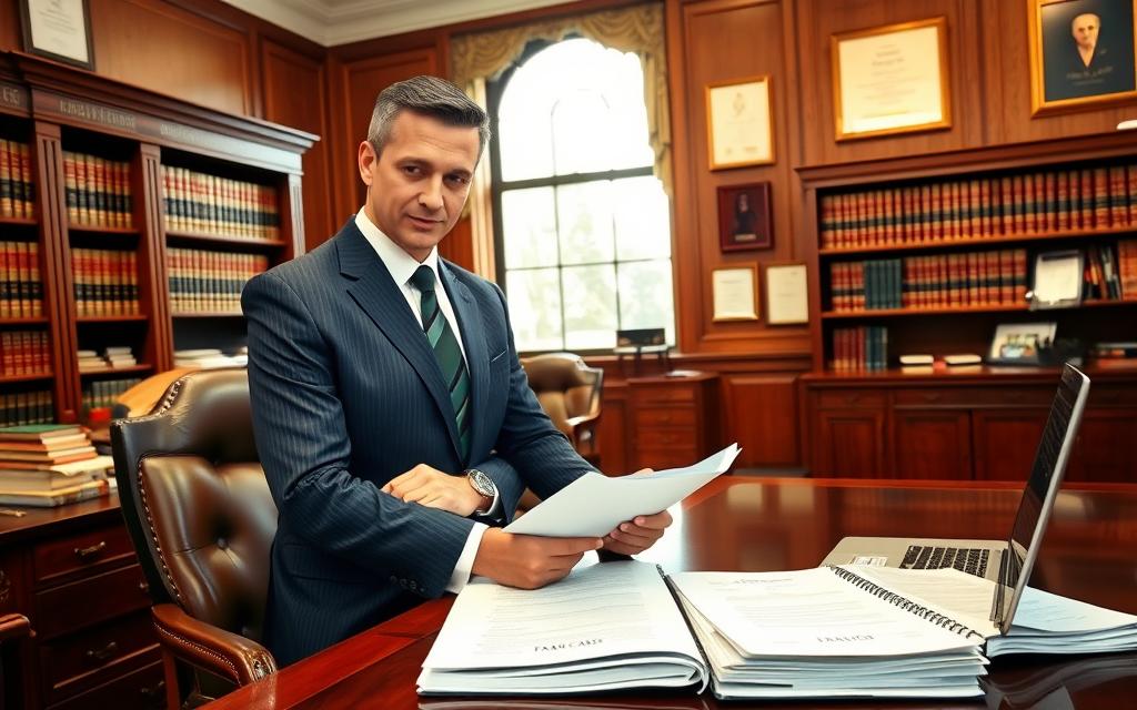 A Law Office Interior With A Mahogany Desk, A Bookshelf Filled With Legal Tomes, And A Large Window Casting Warm, Natural Light. On The Desk, A Laptop And Folders Labeled &Quot;Fraud Case&Quot;. In The Foreground, A Confident Attorney In A Tailored Suit Reviews Case Files, Exuding Expertise And Professionalism. The Walls Are Adorned With Certificates And Awards, Conveying The Attorney'S Credibility And Experience In Handling Complex Identity Theft And Fraud Cases. The Atmosphere Is One Of Quiet Authority And Dedication To Providing Comprehensive Legal Assistance.