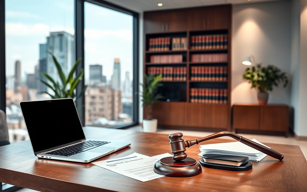 A Sleek, Modern Office Interior With A Large Window Overlooking A Bustling City Skyline. In The Foreground, A Wooden Desk With A Laptop, A Stack Of Documents, And A Gavel, Symbolizing The Legal Framework Of Consumer Protection Laws. The Middle Ground Features A Bookshelf Filled With Legal Volumes, And A Potted Plant, Conveying A Sense Of Professionalism And Authority. The Background Is Illuminated By Soft, Natural Lighting, Creating A Calming And Authoritative Atmosphere. The Overall Composition Emphasizes The Importance Of Understanding And Upholding Consumer Rights Within A Complex Legal Landscape.